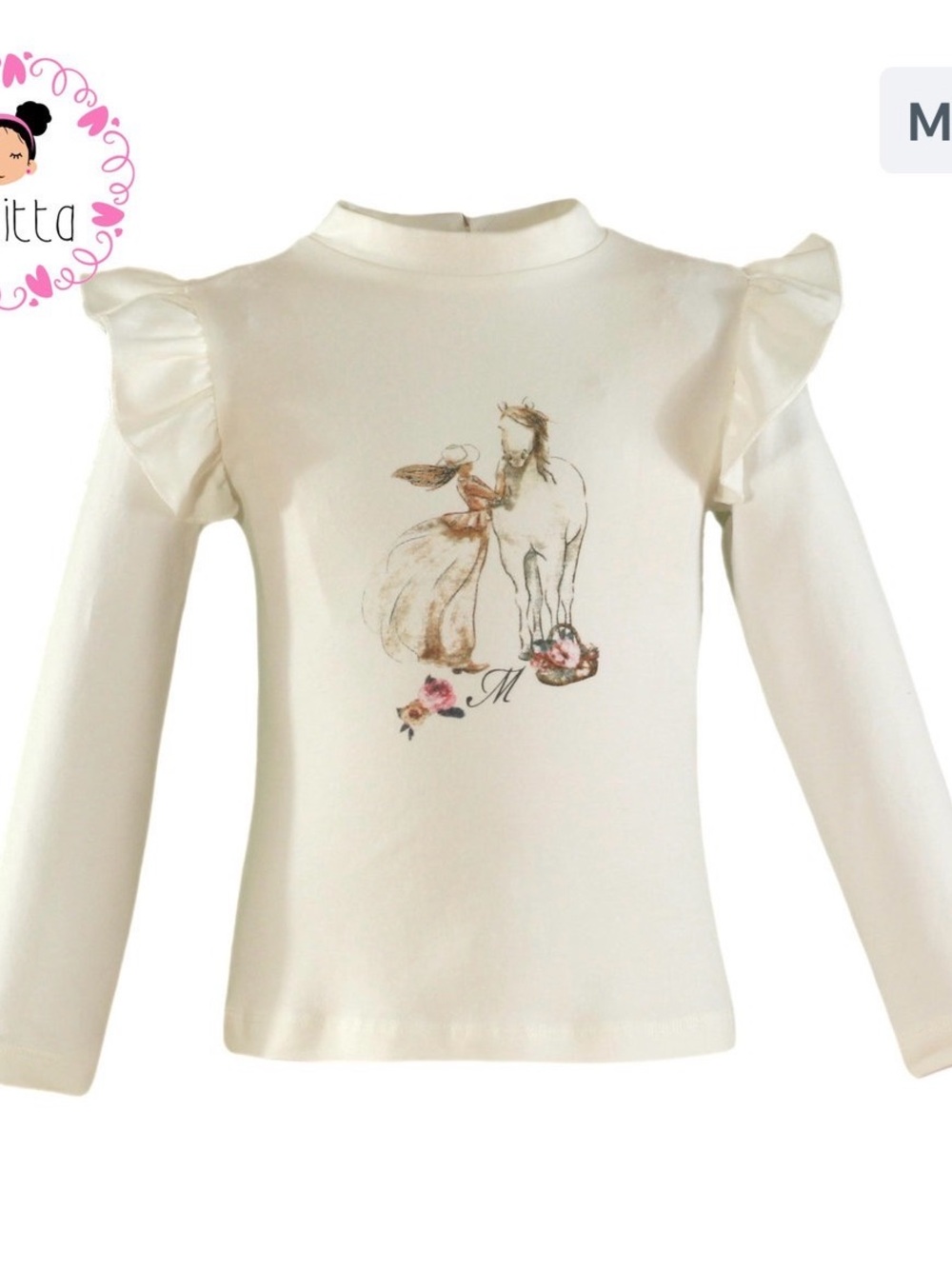 Teen Cream Long-Sleeve Ruffle Shoulder Top with Horse Print